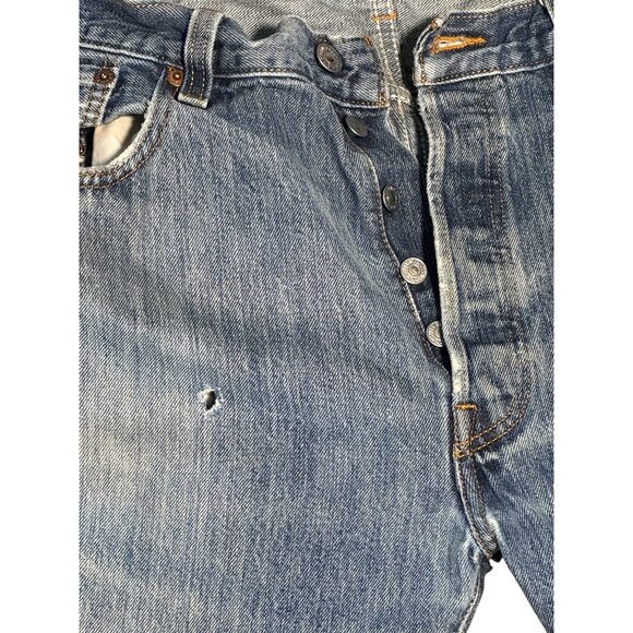 Levis 501 Original Fit Medium Wash Jeans W38 L32 Distressed Hem Hole and Dirty - Picture 9 of 13